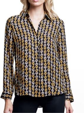 L'AGENCE Nina Geometric Chain Print Blouse - Black, Mustard, Cream